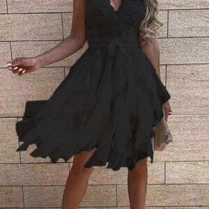 Chic Solid Lace V Neck Sleeveless Lace Up Dress